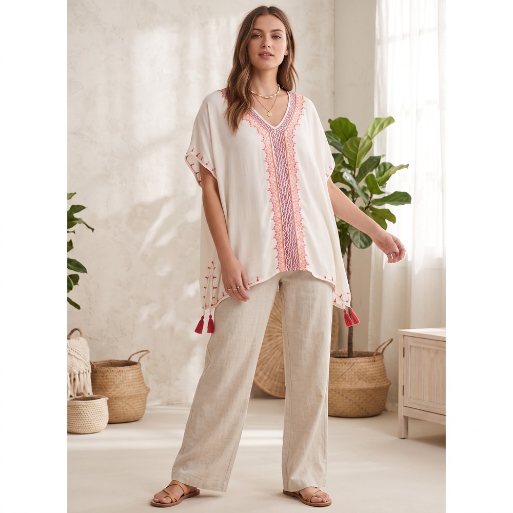 Beaches Boho Embroidered Tunic Coverup Beach White Tassel Resort Poncho Top OS